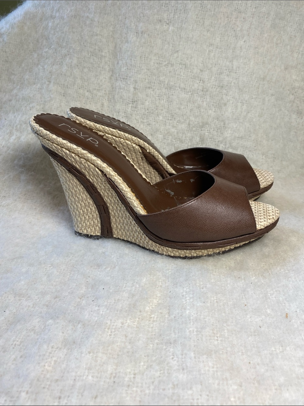 RSVP Brown Leather Wedge Slide Sandals